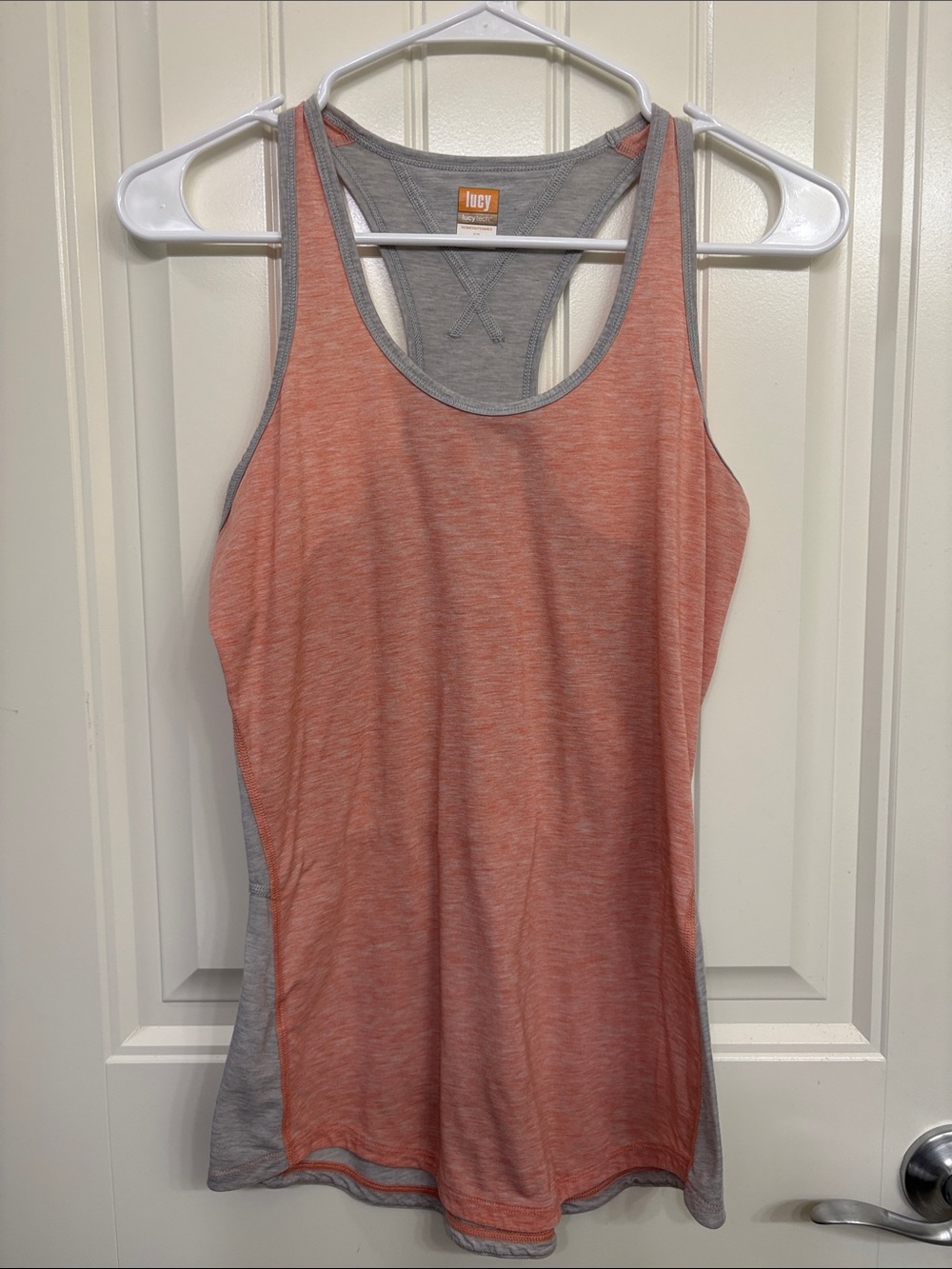 Lucy Coral Heather Racerback Tank with Gray Trim